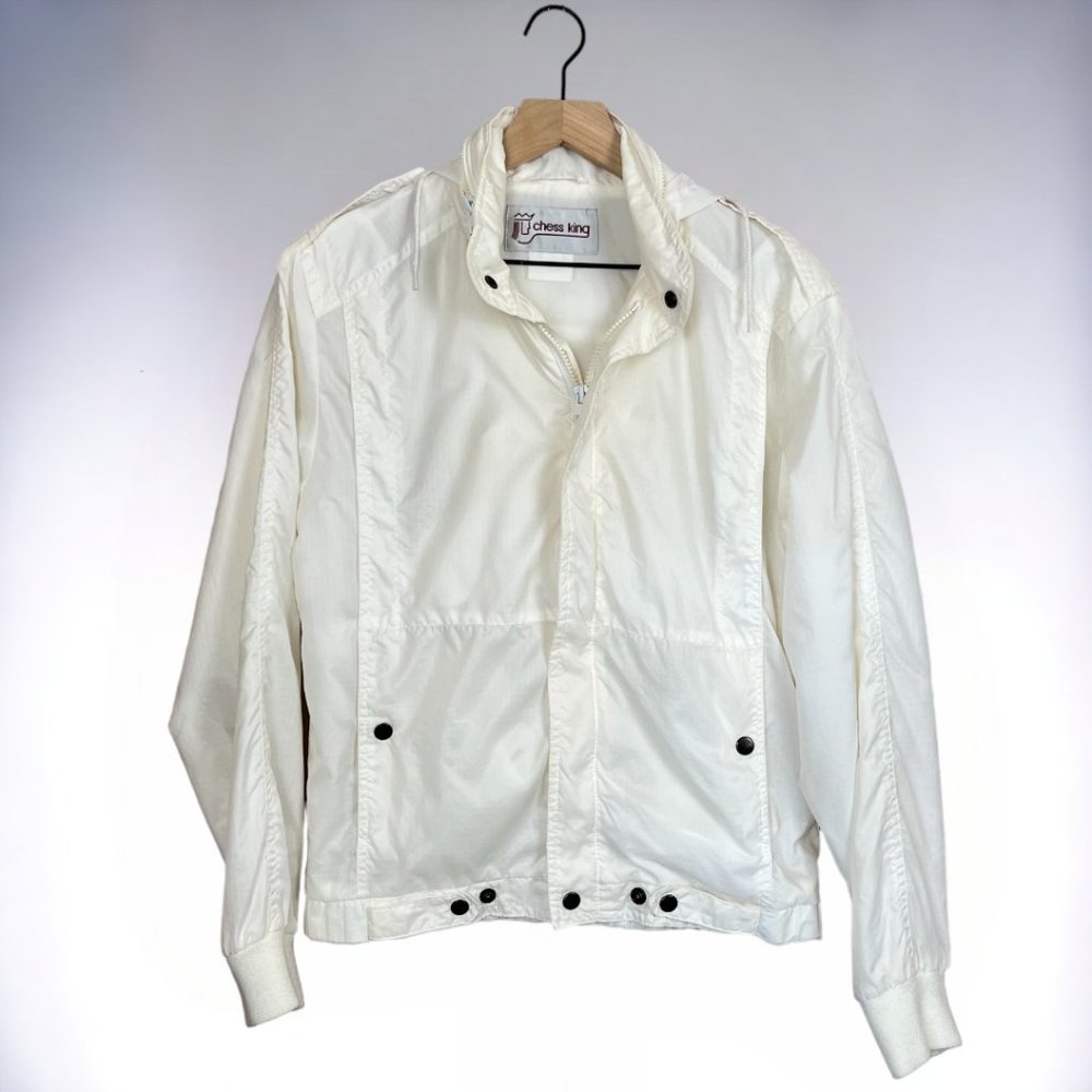 *Rare* Vintage 80s Chess King White Windbreaker w/ Packable Hood New Wave Jacket